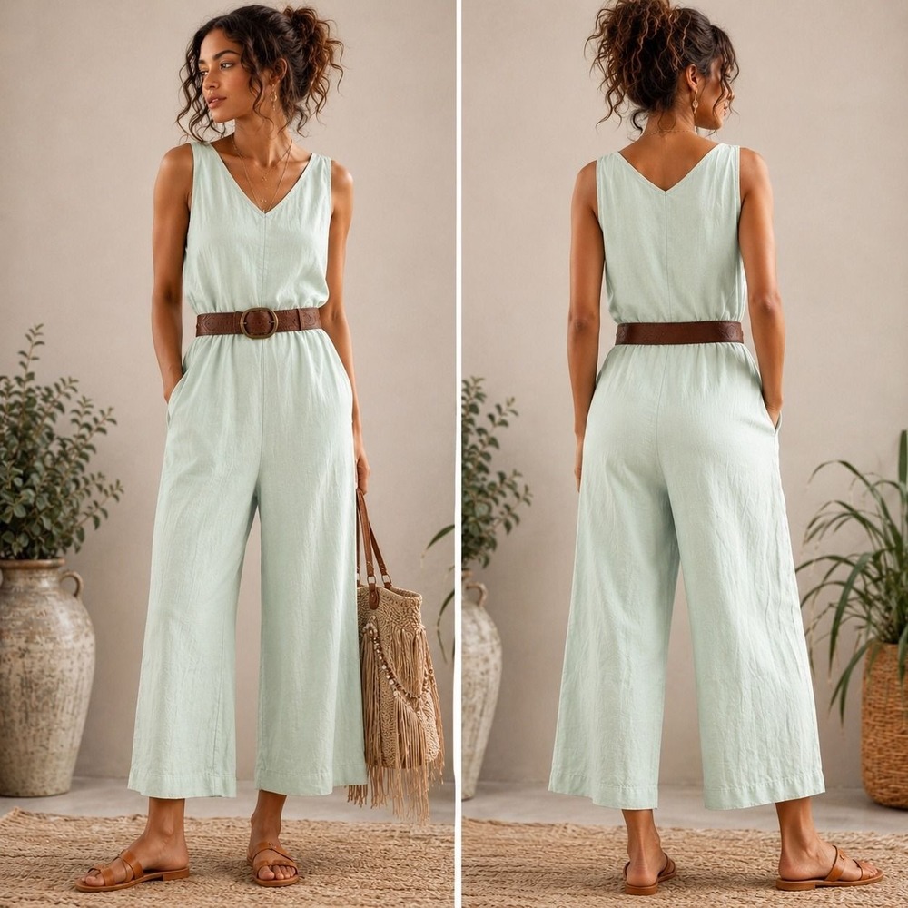 M 45 Antonio Melani Soft Mint Linen Wide Leg Jumpsuit | Boho Coastal Size 8